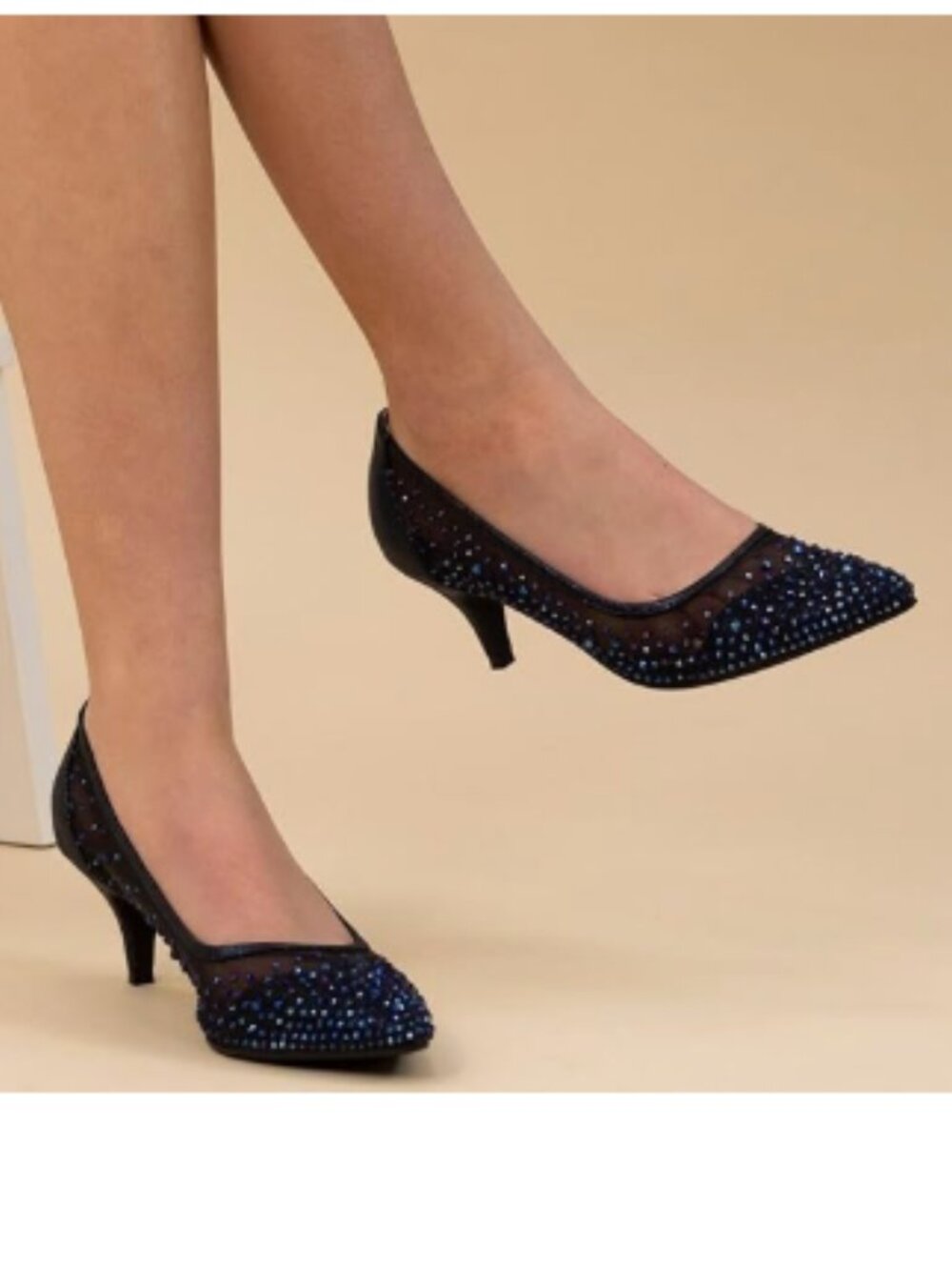 XYD Navy Pointed Toe Slip On Mesh Pumps Rhinestone Studs Comfy Kitten Heels Shoe